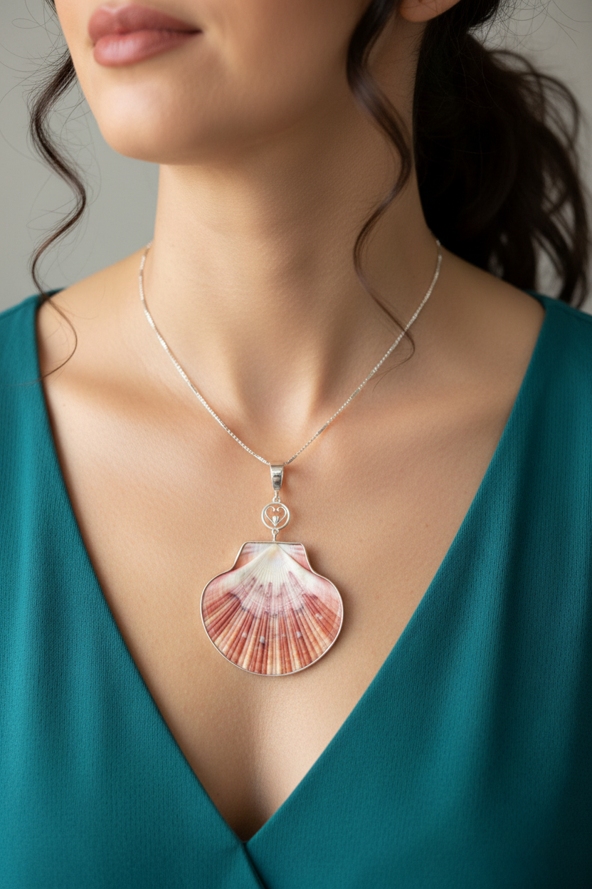 Flat Scallop necklace wrapped in 925 Sterling Silver 48.33 mm